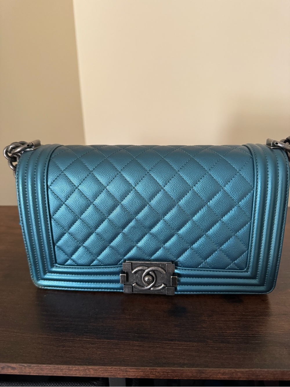 CHANEL Metallic Teal Quilted Boy Crossbody Bag - RARE color!